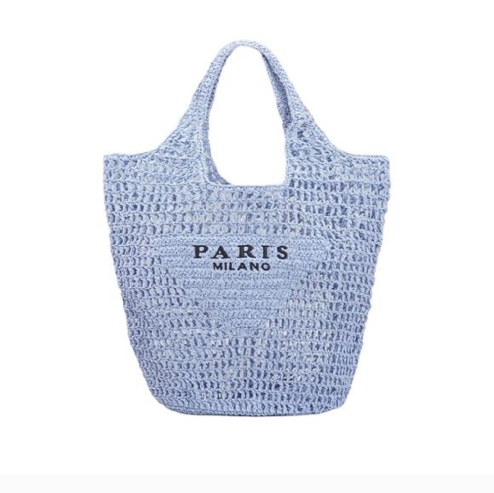 Blue Straw Woven Beach Tote Bag